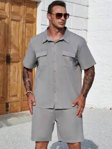 Manfinity Homme Men Plus Flap Pocket Shirt & Drawstring Waist Shorts Without Tee - Grey - View 4