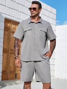 Manfinity Homme Men Plus Flap Pocket Shirt & Drawstring Waist Shorts Without Tee - Grey - View 5