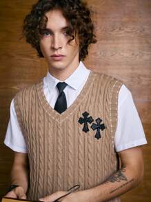 ROMWE MEN Academia Các bạn 1 Miếng Hoa văn chữ thập Áo len vest - Lạc đà - Xem 3