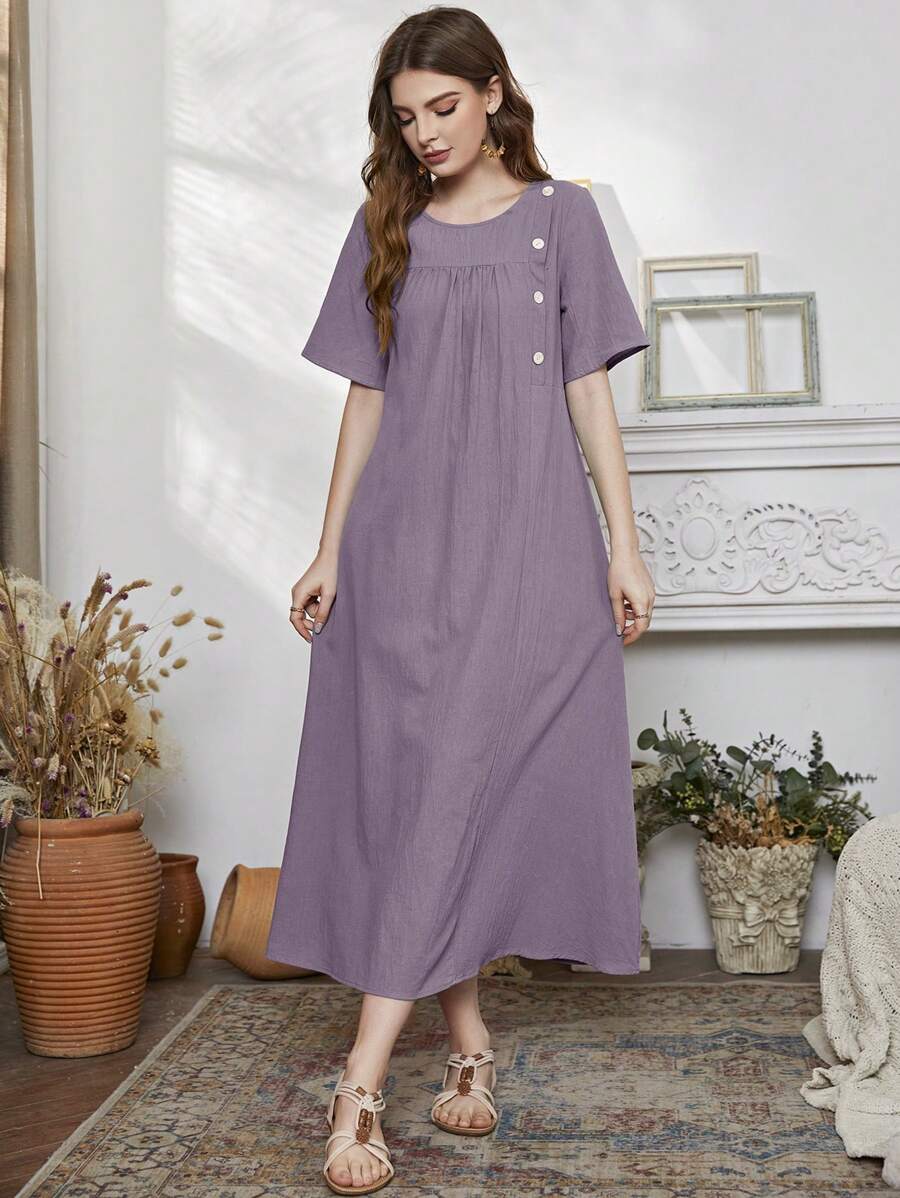 Seusyu 素色紐扣細節連衣裙 - 紫羅蘭色 - 查看 1