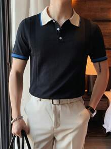 Men Contrast Trim Polo Neck Knit Top - Black - View 1