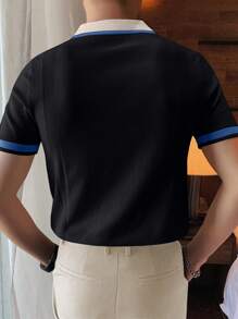 Men Contrast Trim Polo Neck Knit Top - Black - View 2