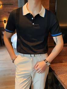 Men Contrast Trim Polo Neck Knit Top - Black - View 4
