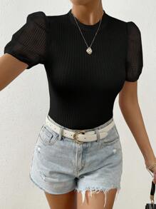 Chiquease 泡泡袖華夫格編織上衣 - 黑色 - 查看 4