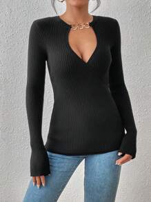 SHEIN Privé 鏈條細節前鏤空條紋針織套頭毛衣 - 黑色 - 查看 7