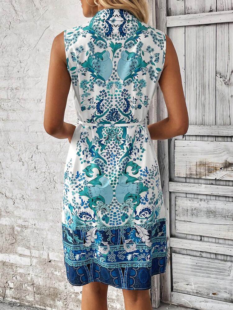 SHEIN Clasi In hoa Thắt lưng Váy sơ mi - Màu xanh ngọc - Xem 4