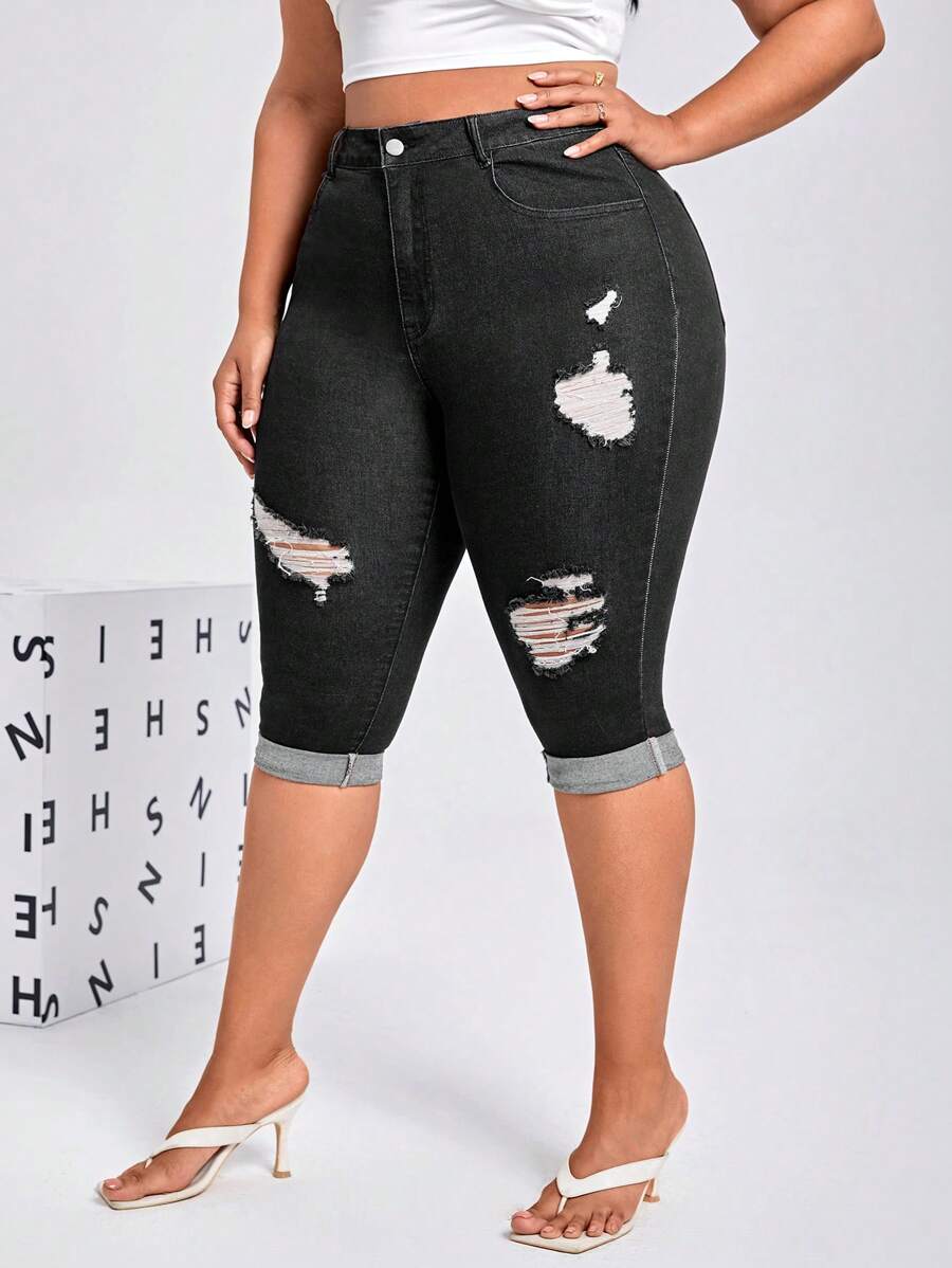 SHEIN SXY 大碼高腰破洞反摺褲腳緊身牛仔褲 - 黑色 - 查看 1