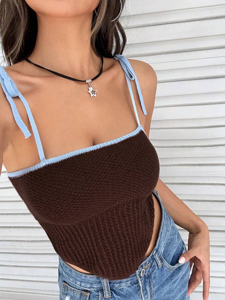 SHEIN EZwear Contrast Binding Tie Shoulder Asymmetrical Hem Cami Knit Top - Chocolate Brown - View 1