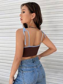 SHEIN EZwear Contrast Binding Tie Shoulder Asymmetrical Hem Cami Knit Top - Chocolate Brown - View 2