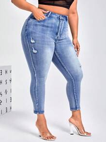 SHEIN SXY Talla grande Jeans ajustados desgarro de talle alto - Lavado ligero - Ver 1