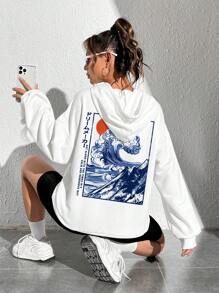 SHEIN EZwear 日式印花休閒連帽衫，適用於秋冬季節 - 白色 - 查看 1