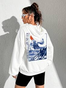 SHEIN EZwear 日式印花休閒連帽衫，適用於秋冬季節 - 白色 - 查看 2