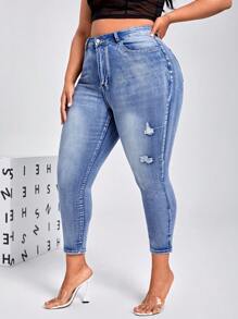 SHEIN SXY Talla grande Jeans ajustados desgarro de talle alto - Lavado ligero - Ver 4