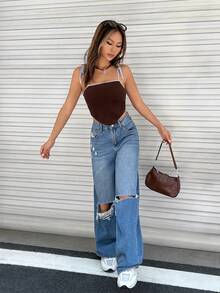 SHEIN EZwear Contrast Binding Tie Shoulder Asymmetrical Hem Cami Knit Top - Chocolate Brown - View 5