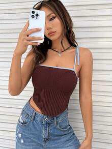 SHEIN EZwear Contrast Binding Tie Shoulder Asymmetrical Hem Cami Knit Top - Chocolate Brown - View 6