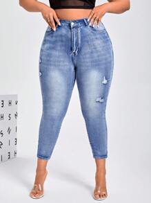 SHEIN SXY Talla grande Jeans ajustados desgarro de talle alto - Lavado ligero - Ver 5