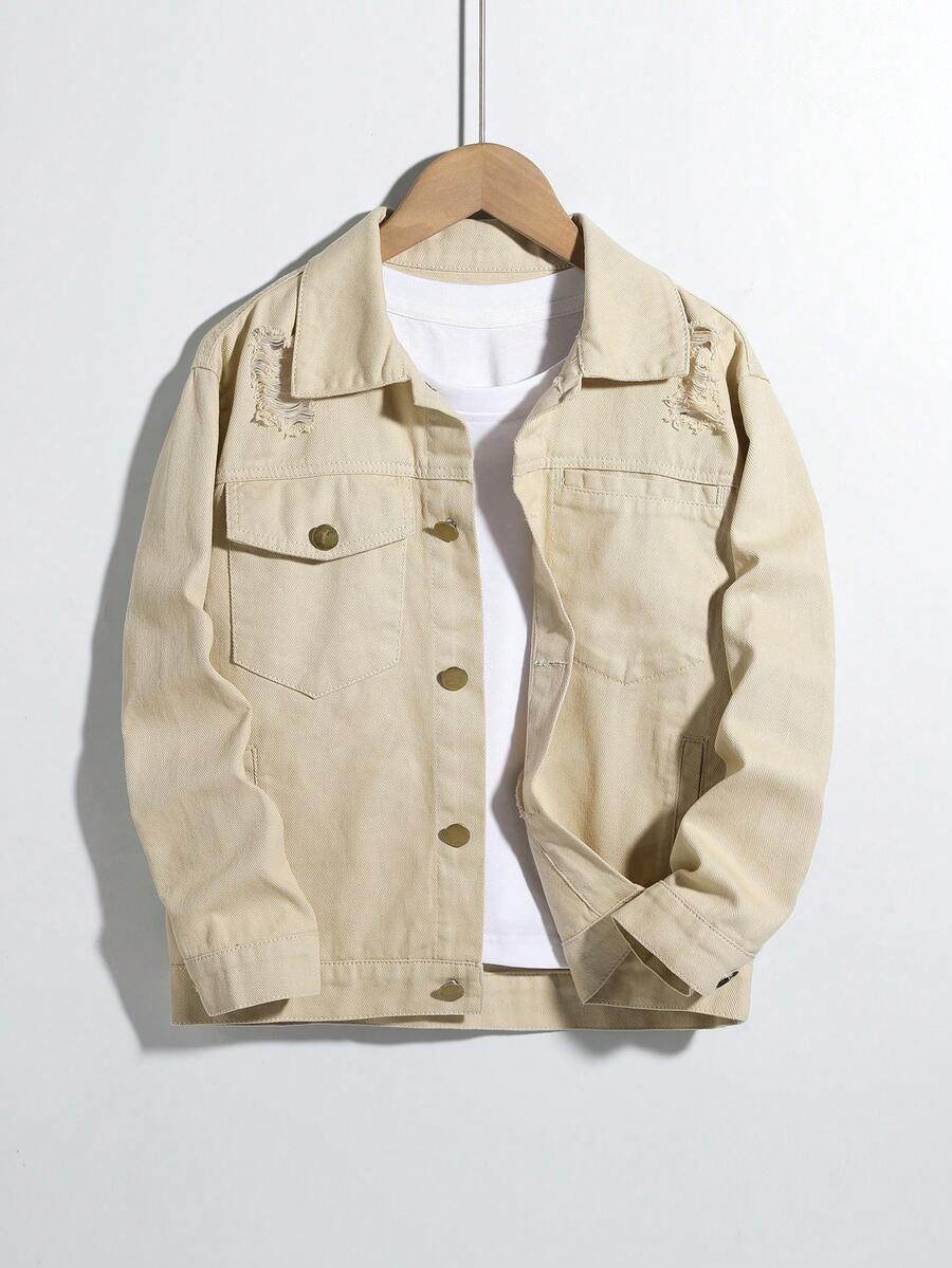 男大童翻蓋口袋破洞細節牛仔夾克不帶T恤 - 卡其色 - 查看 1