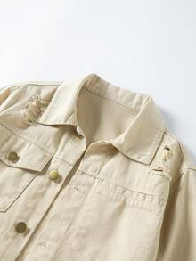男大童翻蓋口袋破洞細節牛仔夾克不帶T恤 - 卡其色 - 查看 5
