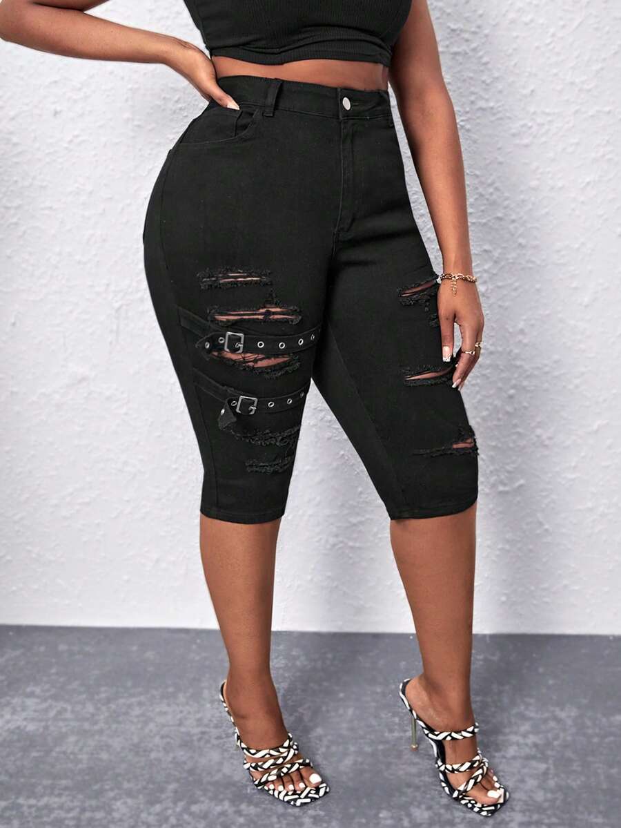 SHEIN SXY Talla grande Jeans ajustados desgarro de talle alto - Negro - Ver 1