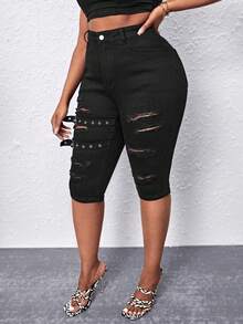 SHEIN SXY Talla grande Jeans ajustados desgarro de talle alto - Negro - Ver 5