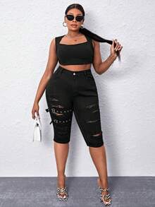 SHEIN SXY Talla grande Jeans ajustados desgarro de talle alto - Negro - Ver 6