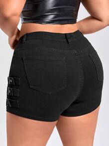 SHEIN SXY Quần short denim oversized Nút Túi Dây kéo màu trơn - màu đen - Xem 2