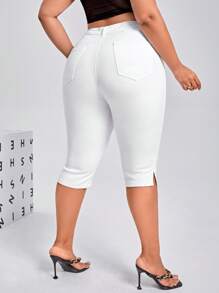 Plus High Waist Split Hem Skinny Capri Jeans - White - View 2