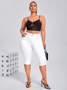 Plus High Waist Split Hem Skinny Capri Jeans - White - View 3