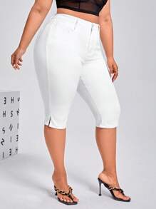 Plus High Waist Split Hem Skinny Capri Jeans - White - View 5