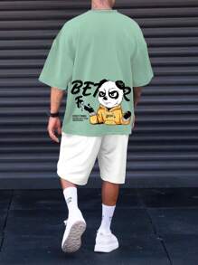 Manfinity Homme Áo thun tay ngắn hở vai họa tiết gấu trúc hoạt hình & khẩu hiệu cỡ lớn cho nam, vui nhộn, kỳ nghỉ, nhiều màu sắc - Màu xanh Bạc hà - Xem 1