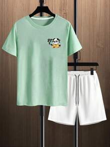 Manfinity Homme Áo thun tay ngắn hở vai họa tiết gấu trúc hoạt hình & khẩu hiệu cỡ lớn cho nam, vui nhộn, kỳ nghỉ, nhiều màu sắc - Màu xanh Bạc hà - Xem 4