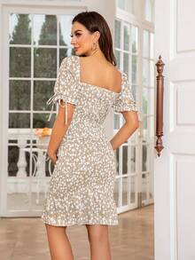 DEARCASE Maternity Ditsy Floral Print Knot Cuff Shirred Ruffle Hem Dress - Khaki - View 2