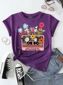 SHEIN Essnce Áo thun nữ Hoa Đồ họa Giải trí - Màu tím - Xem 1