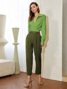 SHEIN Black Friday x Star Picks 女士纯色翻领修身休闲衬衫，老款风格上衣，商务休闲 - 綠色 - 查看 3