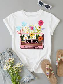 SHEIN Essnce Audiotape And Floral Print Tee - White - View 1