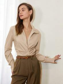 SHEIN Black Friday x Star Picks Women Solid Color Turndown Collar Fitted Casual Blouse, Business Casual Style - Khaki - View 3