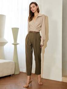 SHEIN Black Friday x Star Picks Women Solid Color Turndown Collar Fitted Casual Blouse, Business Casual Style - Khaki - View 4