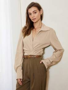 SHEIN Black Friday x Star Picks Women Solid Color Turndown Collar Fitted Casual Blouse, Business Casual Style - Khaki - View 6