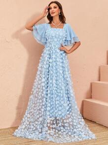 蝴蝶袖貼花網紗覆蓋洋裝 - 藍色 - 查看 1