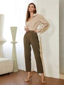 SHEIN Black Friday x Star Picks Women Solid Color Turndown Collar Fitted Casual Blouse, Business Casual Style - Khaki - View 7