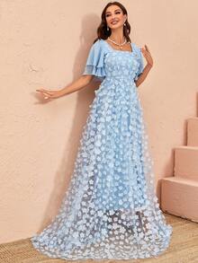 蝴蝶袖貼花網紗覆蓋洋裝 - 藍色 - 查看 3