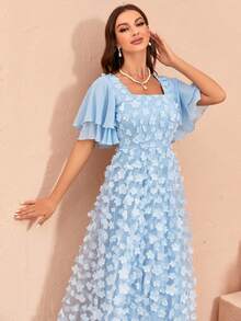 蝴蝶袖貼花網紗覆蓋洋裝 - 藍色 - 查看 4