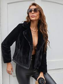 RELISH NOLESS Zip Up Slant Pocket Biker Fuzzy Jacket - Black - View 5