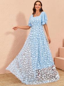 蝴蝶袖貼花網紗覆蓋洋裝 - 藍色 - 查看 6