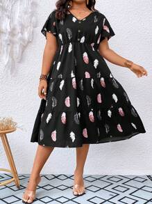 SHEIN LUNE Đầm Plus Size Viên lá sen Bộ lạc Giải trí - màu đen - Xem 1