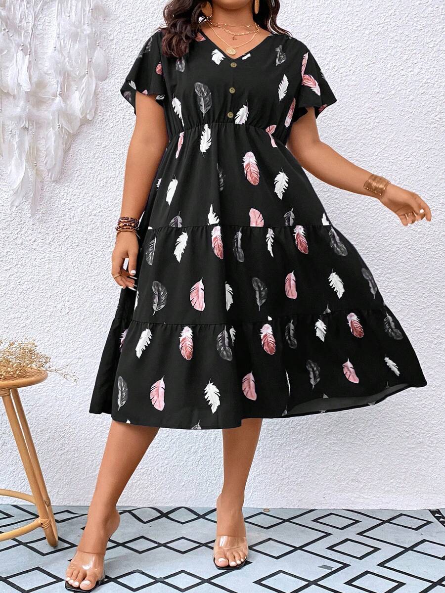 SHEIN LUNE Đầm Plus Size Viên lá sen Bộ lạc Giải trí - màu đen - Xem 1