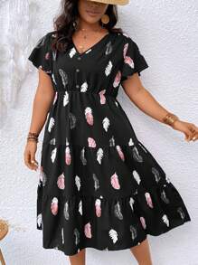 SHEIN LUNE Đầm Plus Size Viên lá sen Bộ lạc Giải trí - màu đen - Xem 3