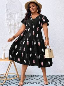 SHEIN LUNE Đầm Plus Size Viên lá sen Bộ lạc Giải trí - màu đen - Xem 5
