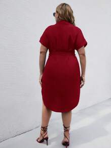 SHEIN Clasi 大碼素色紐扣腰帶襯衫連衣裙 - 酒紅色 - 查看 2