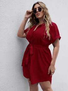 SHEIN Clasi 大碼素色紐扣腰帶襯衫連衣裙 - 酒紅色 - 查看 3